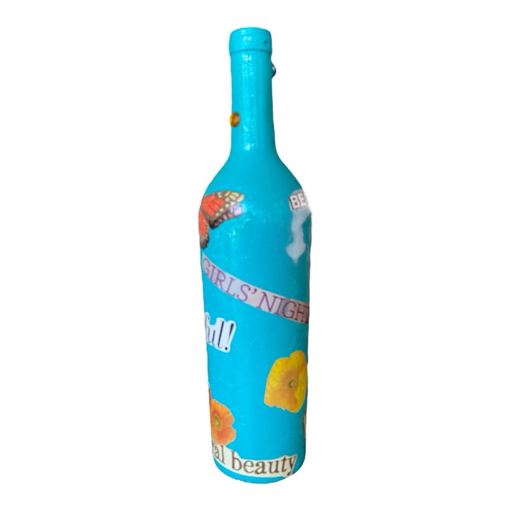 Handmade Turquoise Butterfly Decoupage Wine Bottle Home Decor 12” - Picture 4 of 6